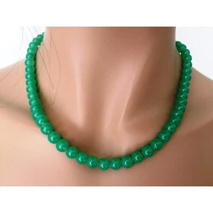 Green Quartz / "Malaysia Jade" 8mm Bead Necklace, Silver Metal Flower Toggle - Picture 1 of 8