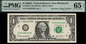 2003A $1 Federal Reserve Note PMG 65EPQ - Fancy Repeater Serial Number 83338333 - Picture 1 of 2