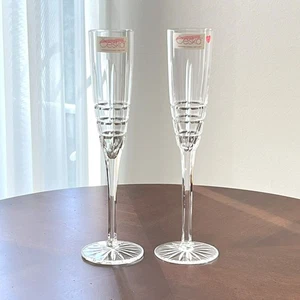 1990s Crystal Champagne Flutes Ceska Solitaire Glasses Vintage Unused Set of 2 - Picture 1 of 7