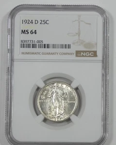 Cuarto de dólar Standing Liberty 1924-D certificado NGC MS 64 plata 25c - Imagen 1 de 4