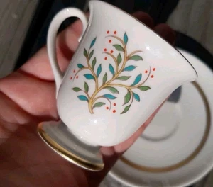 Taza y platillo Demitasse de China Franciscana de Colección FREMONT, hojas verdes turquesa - Imagen 1 de 11