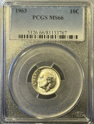 1963 Silver Roosevelt Dime 10c Coin PCGS Certified MS66 Circulated Philadelphia - Image 1 of 2