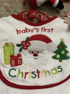 NWT Baby's first Christmas 3 Pc bib Burp Cloth Rattle Toy Set santa Essentials - Picture 1 of 4