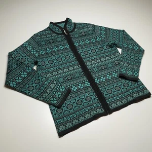 Alpaca Imports Wool Zip Cardigan Sweater Black Teal Fair Isle Peru Made Womens M - Picture 1 of 14