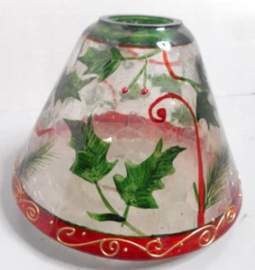 YANKEE CANDLE Crackle Glass Jar Shade Green Pine Needles Leaves Red & Gold Trim - Picture 1 of 14