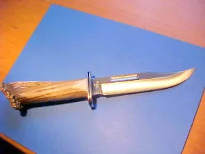 CUSTOM UNUSED BUCK 119 SPECIAL KNIFE WITH ELK CROWN STAG HANDLE, LEATHER SHEATH - Picture 1 of 19