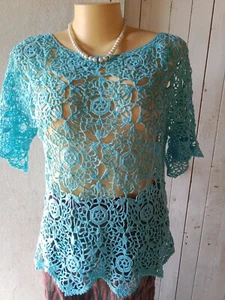 Handmade Crochet Flower Tops Women Short Sleeve Light Blue Colorful Summer SizeL - Picture 1 of 11