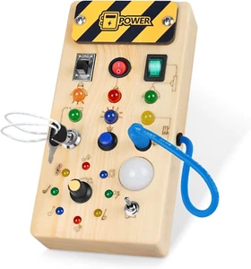 Montessori Holz Busy Board mit 8 LED Lichtschaltern, Sensorik Spielzeug Lichtschalter - Bild 1 von 12