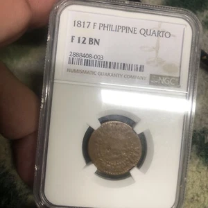 1817 Quarto Spanish Philippines Rare Copper Date F 12 BN NGC Certified Graded - Picture 1 of 4