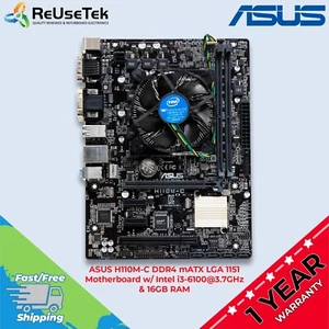 ASUS H110M-C DDR4 mATX LGA 1151 Motherboard w/ Intel i3-6100@3.7GHz & 16GB RAM - Afbeelding 1 van 17