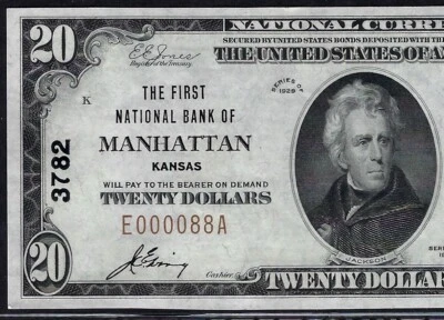 🇺🇸 KS 1929 $20 LOW S/N:000088 ♚♚MANHATTAN, KANSAS♚♚  PCGS CHOICE UNC 64 - Image 1 of 3