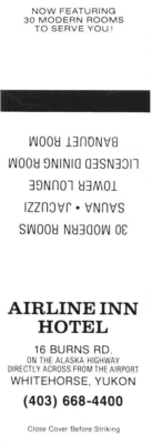 Whitehorse Yukon Canada Airline Inn Hotel copertina libro fiammiferi vintage - Immagine 1 di 2