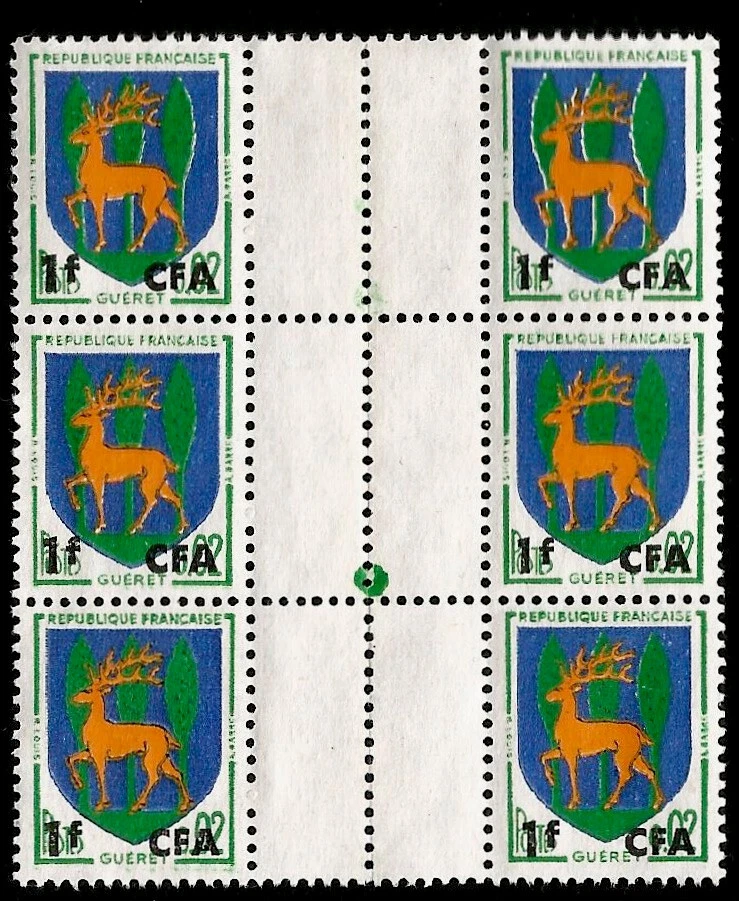 Deer Guéret France Center Margin Block of 6 Overprinted  French Reunion Island - Image 1 of 1
