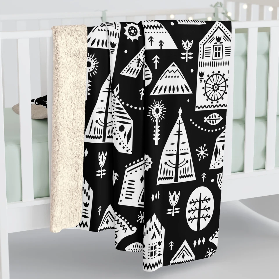 Black and White Nordic Inspired Winter Graphics, Cozy Sherpa Fleece Blanket - Image 1 of 1