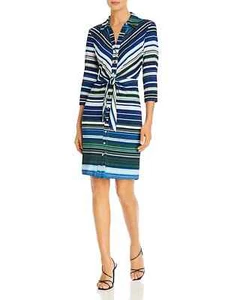 T Tahari Shirt Dress Womens 8 Blue Stripe Button Down Tie Waist 3/4 Sleeve NWT - Picture 1 of 11