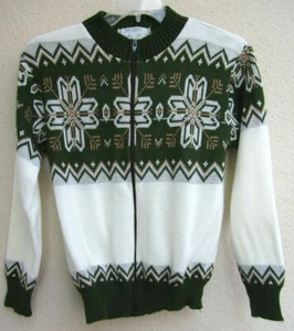 VTG...CARDIGAN...SNOWFLAKE..GREEN & WHITE..SWEATER..ENGLAND..WOMEN sz MED - Picture 1 of 4