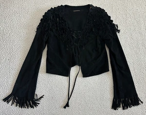 Vintage Fringe Suede Jacket Womens Large Cut Outs Festival Boho - Picture 1 of 13