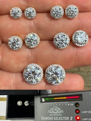 Real Moissanite Halo Stud Earrings 14k Gold Over 925 Silver Hip Hop Mens Ladies - Image 1 of 4
