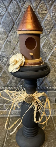 OOAK Wooden Mini Birdhouse on Vintage Black Wooden Pedestal Fall Decor-6315 Cover