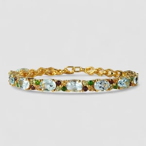 Brazalete de piedras preciosas de mezcla de aguamarina azul suave enchapado en oro de 24 quilates de plata de ley 925 - Imagen 1 de 11