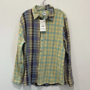 NWT ZARA Mens Contrasting Plaid Shirt Multicolor Purple Yellow Blue Sz L - Picture 1 of 9