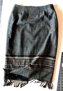 Laura Scott Gray Specked Wool Blend Western Stripe Pencil Midi Skirt Fringed XL - Picture 1 of 3