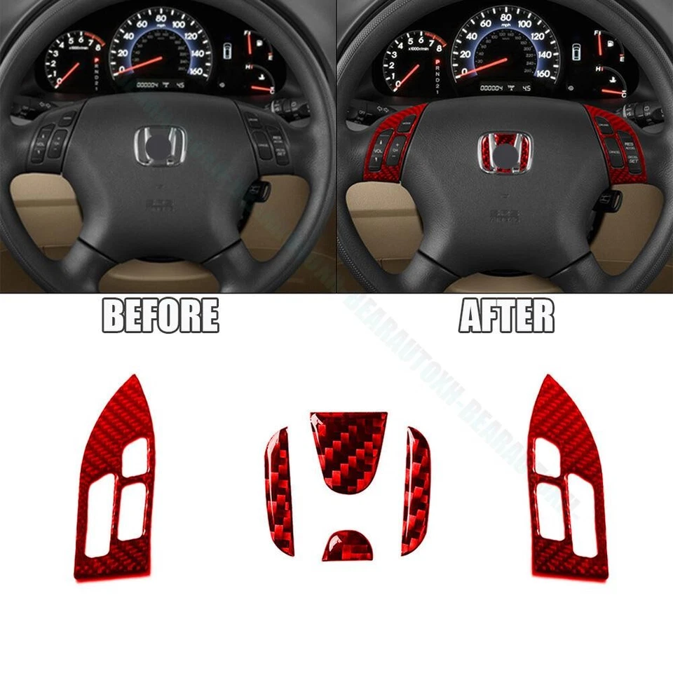 For Honda Odyssey 2005-2010 Red Carbon Fiber Steering Wheel Button Cover Trim 6X - Изображение 1 из 4