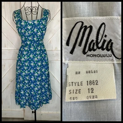 70's Vintage Malia Honolulu Teal Blue Red White Polka Dot Calico Hawaiian Dress - Image 1 of 4