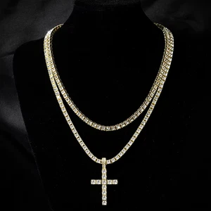 Hip Hop Gold Cross Pendant Necklace with Crystals & 4mm Chain Punk Jewelry - Picture 1 of 2