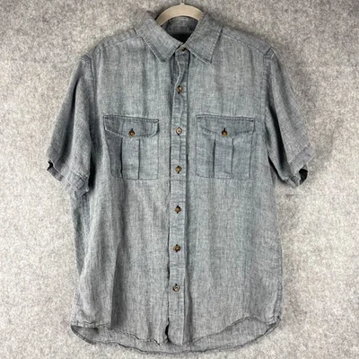 Orvis Linen Shirt Mens Medium Blue Safari Bush Button Up Short Sleeve Fishing - Image 1 of 4