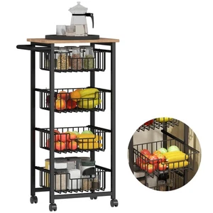 HOMCOM 4-Tier Kitchen Island on Wheels with 4 Pull-Out Baskets, Oak - Picture 1 of 11