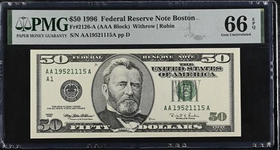 1996 $50 Federal Reserve Note Fr-2126-A Boston PMG66 Gem EPQ - Image 1 of 2