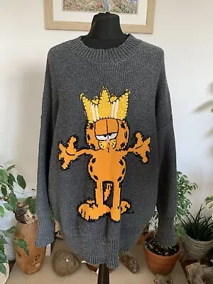 Raro Jersey Tejido Zara Garfield - Reino Unido Mediano Gran Tamaño Gris Suéter Foto 1 de 4
