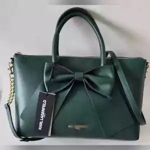 STUNNING KARL LAGERFELD PARIS KRIS BOW SATCHEL PURSE HUNTER GOLD HARDWARE NWT - Picture 1 of 5