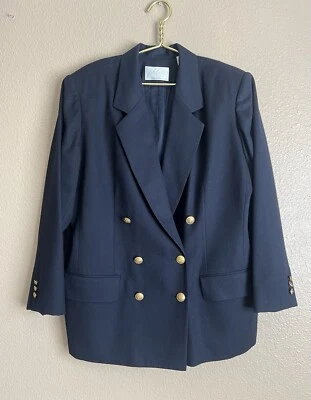Lord & Taylor 100% Wool Classic Navy Blue Double Breasted Blazer Coat S20W Flaw Foto 1 de 4