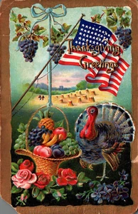POSTCARD THANKSGIVING PATRIOTIC COLORFUL TURKEY AMERICAN FLAG EMBOSSED - Picture 1 of 2