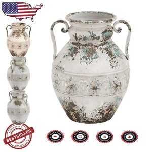 Vintage Floral Design Metal Vase 15" - Distressed Iron Centerpiece for Indoors - Picture 1 of 8