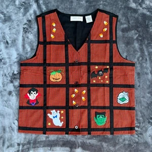 vtg 80s 90s Patchwork Halloween Monster Checkered Plaid Cotton Vest Ugly Sweater - Picture 1 of 13