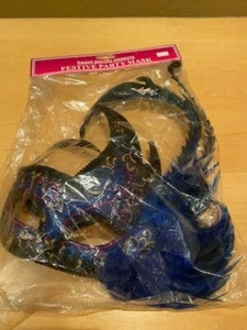 Masquerade Ball Black Mask Womens Blue Feather Halloween Costume Brand New - Picture 1 of 6