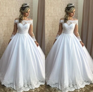 Satin Wedding Dresses Off The Shoulder Long Sleeve Lace Appliques Bridal Gowns - Picture 1 of 15