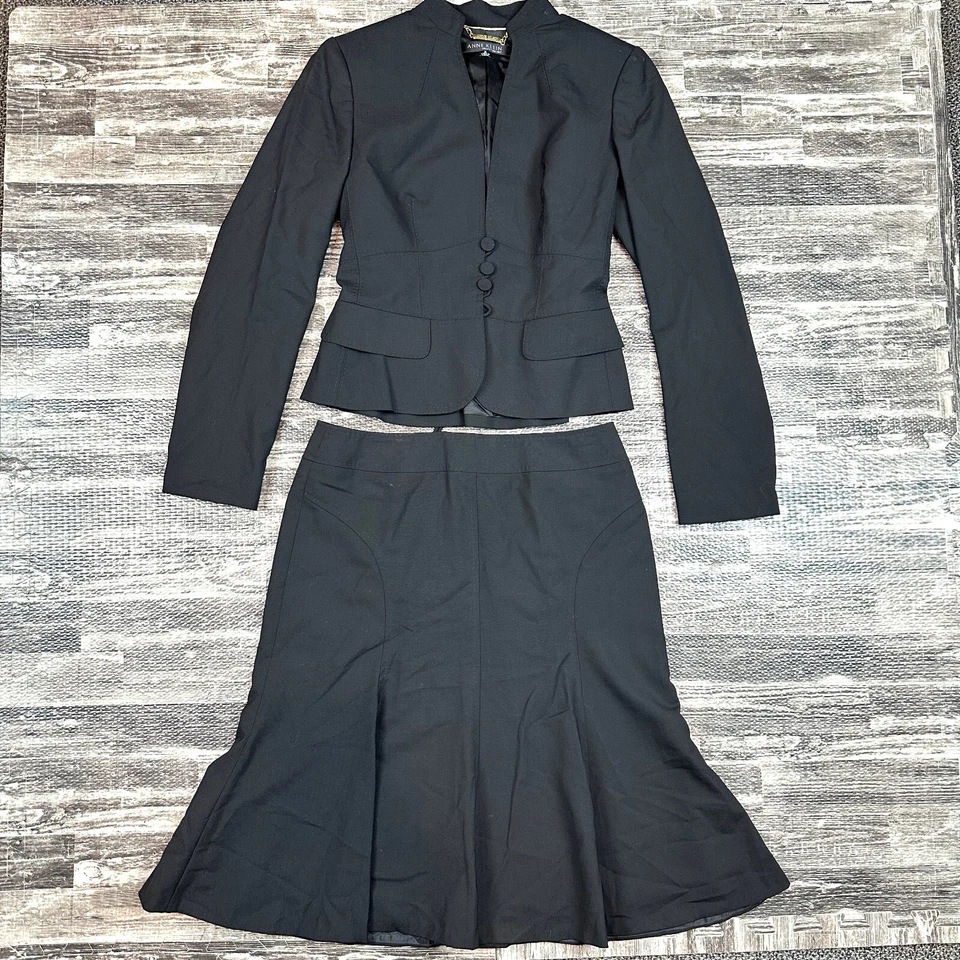 Traje Colección Anne Klein 2 Piezas Mujer Talla 6 Peplum Chaqueta Con Cordones Falda Negra Foto 1 de 4