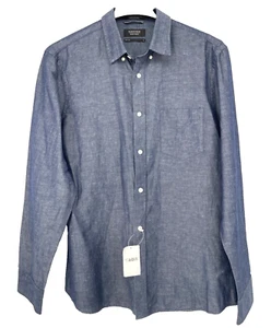 NEW Nordstrom men's L Trim Fit Button Down Blue slub Chambray shirt linen blend - Picture 1 of 11