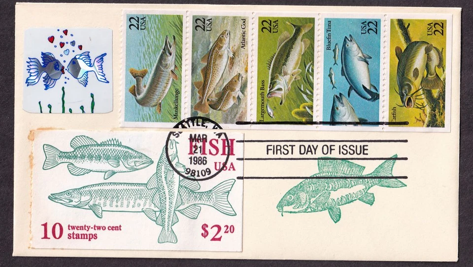 1986 Fish 5 different Sc 2205-2209 2209a FDC booklet cover, unknown cachet - Image 1 of 1