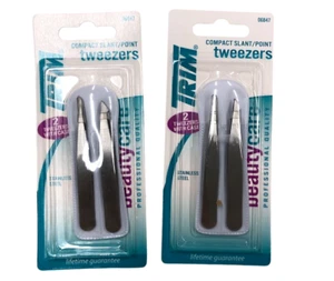 2 Packs (4 Tweezers Total) TRIM Compact Slant & Point with Case Stainless Steel - Picture 1 of 2