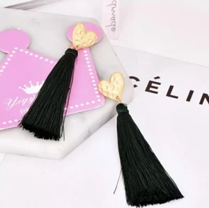 Long Dangle Tassel Earrings Gold Tone Heart Mustard Black Boho Blogger Summer - Picture 1 of 1