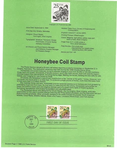 USPS Souvenir First Day Of Issue Comm Stamp 9/2/88 Hony Bee coil 25c - Picture 1 of 1