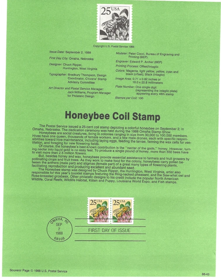 USPS Souvenir First Day Of Issue Comm Stamp 9/2/88 Hony Bee coil 25c - Image 1 of 1