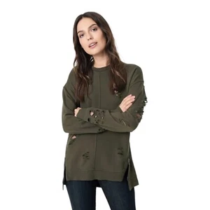NWT Joe's Jeans Lyndon Distressed Ripped Pullover Sweatshirt Forest Green Sz M - Picture 1 of 7
