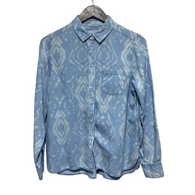 Foxcroft Blouse Womens 10 Petite Blue Boho Lyocell Long Sleeve Button Front Top - Image 1 of 4