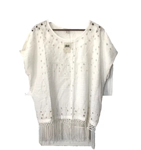 NWT Lucky Brand Top Size L Ivory Eyelet Cutout Fringe Festival Bohemian - Picture 1 of 7